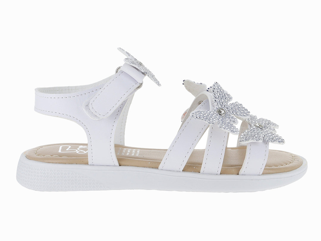 Sandalia blanca para niña con adornos de mariposas brillantes y correa de ajuste con velcro.