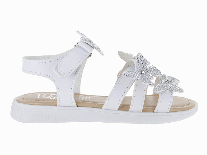 Sandalia blanca para niña con adornos de mariposas brillantes y correa de ajuste con velcro.