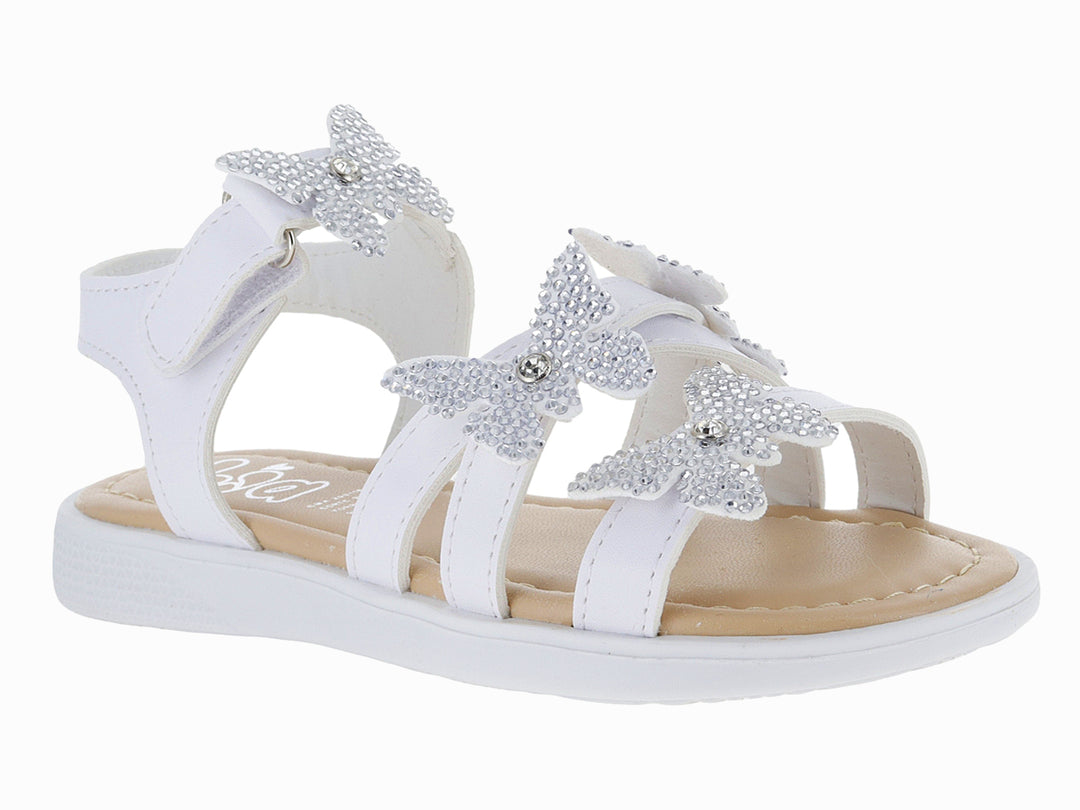 Sandalia blanca para niña con adornos de mariposas brillantes y correa de ajuste con velcro.