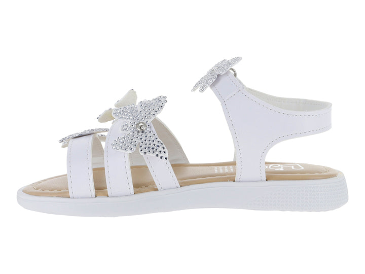 Sandalia blanca para niña con adornos de mariposas brillantes y correa de ajuste con velcro.