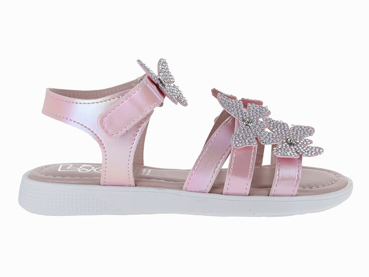 Sandalias para niña en color rosa candy con adornos de mariposas brillantes y suela blanca.
