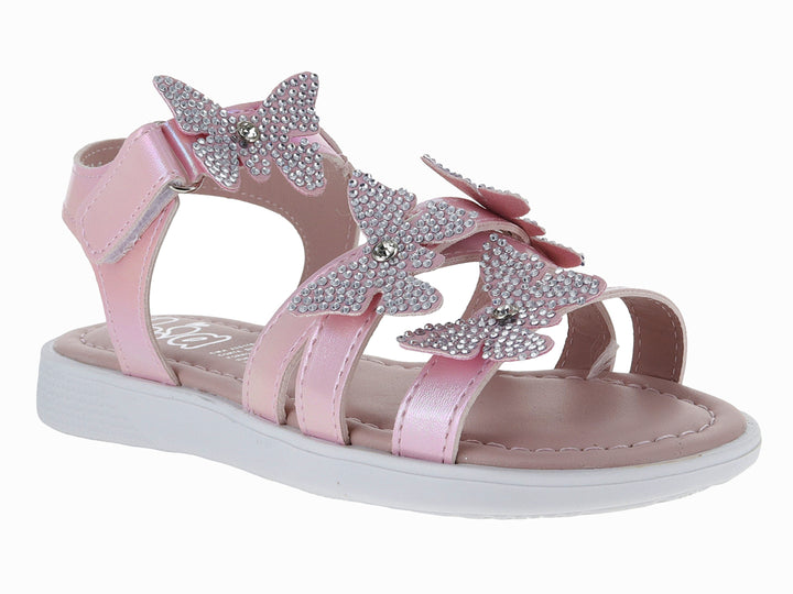 Sandalias para niña en color rosa candy con adornos de mariposas brillantes y suela blanca.