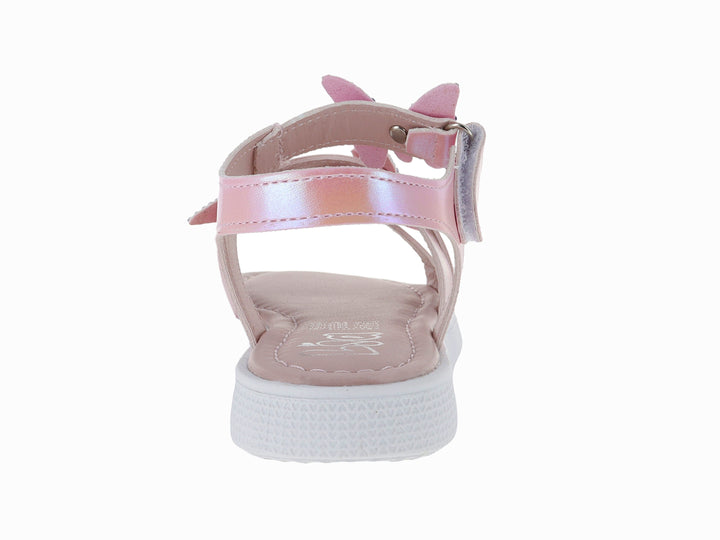 Sandalias para niña en color rosa candy con adornos de mariposas brillantes y suela blanca.