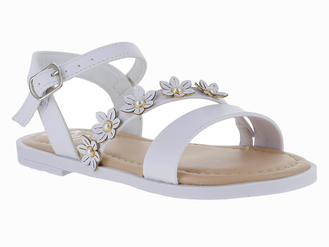 Sandalia blanca para niña con adornos de flores y perlas, correa ajustable con hebilla dorada y suela plana.