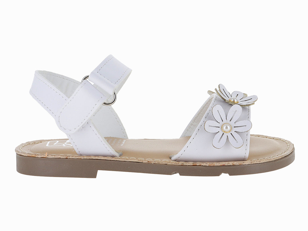 Sandalia blanca para niña con adorno de flor y suela color café.