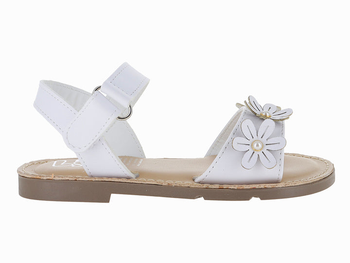 Sandalia blanca para niña con adorno de flor y suela color café.