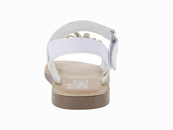 Sandalia blanca para niña con adorno de flor y suela color café.