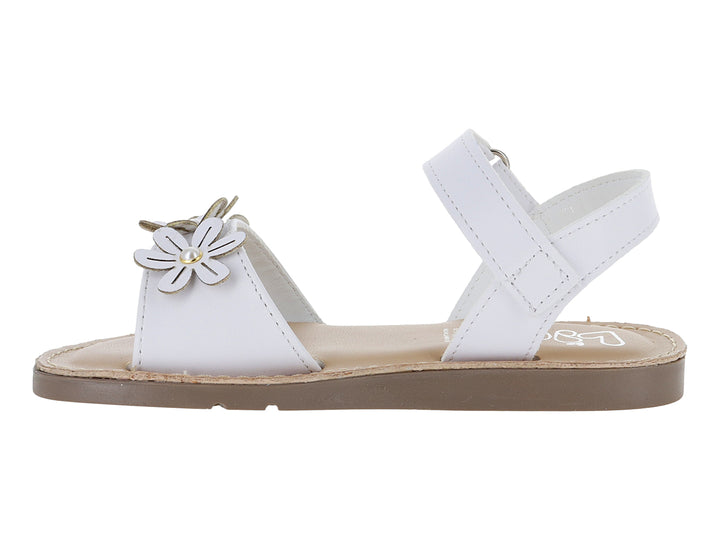 Sandalia blanca para niña con adorno de flor y suela color café.