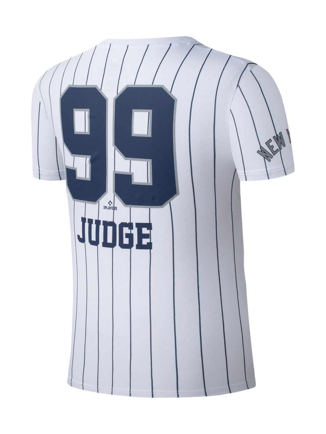 Camiseta blanca de manga corta con rayas verticales azules y logotipo de New York Yankees en el pecho.