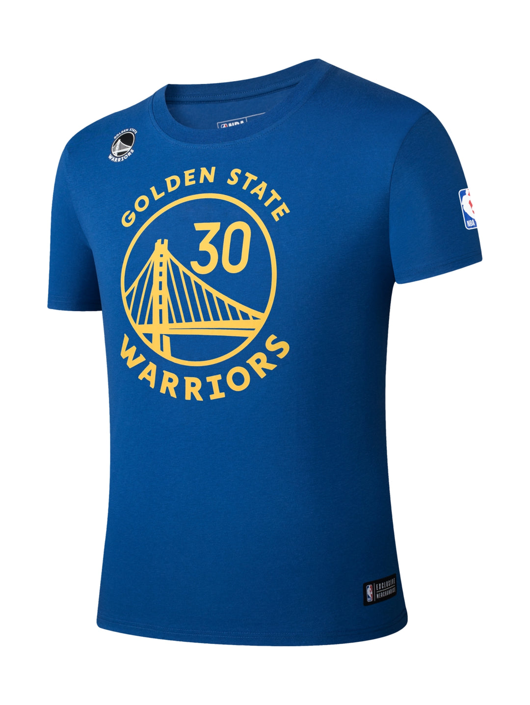 Playera deportiva azul de manga corta con estampado amarillo de Golden State Warriors.