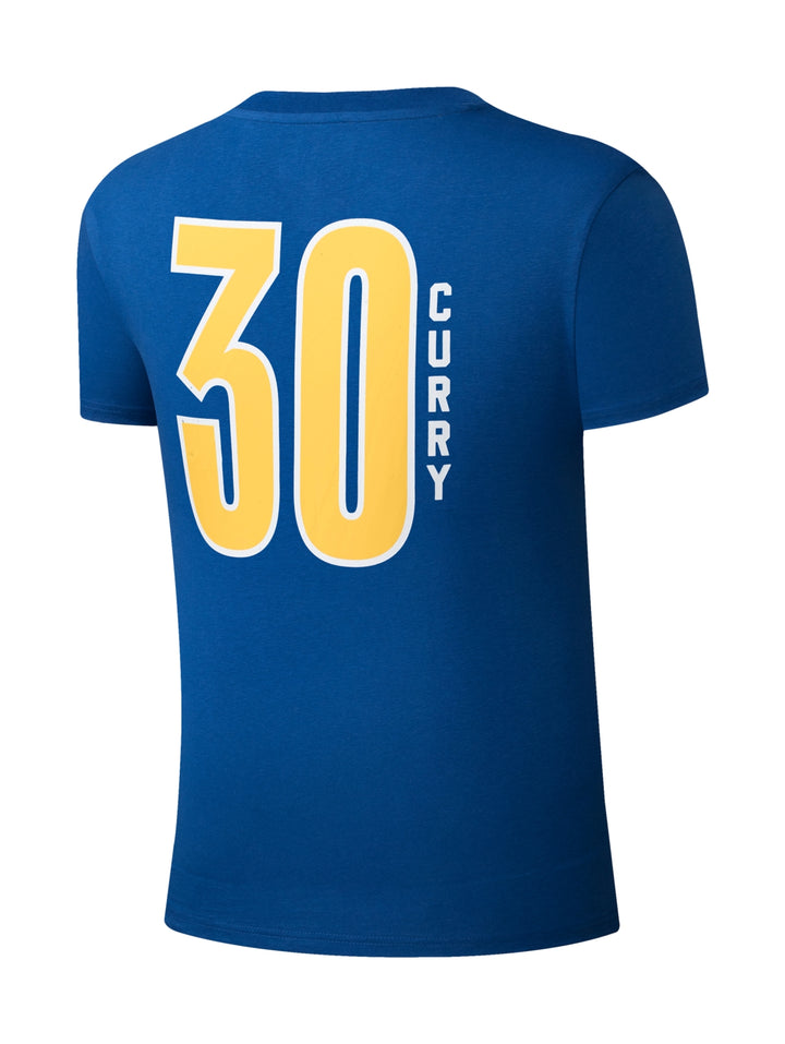 Playera deportiva azul de manga corta con estampado amarillo de Golden State Warriors.