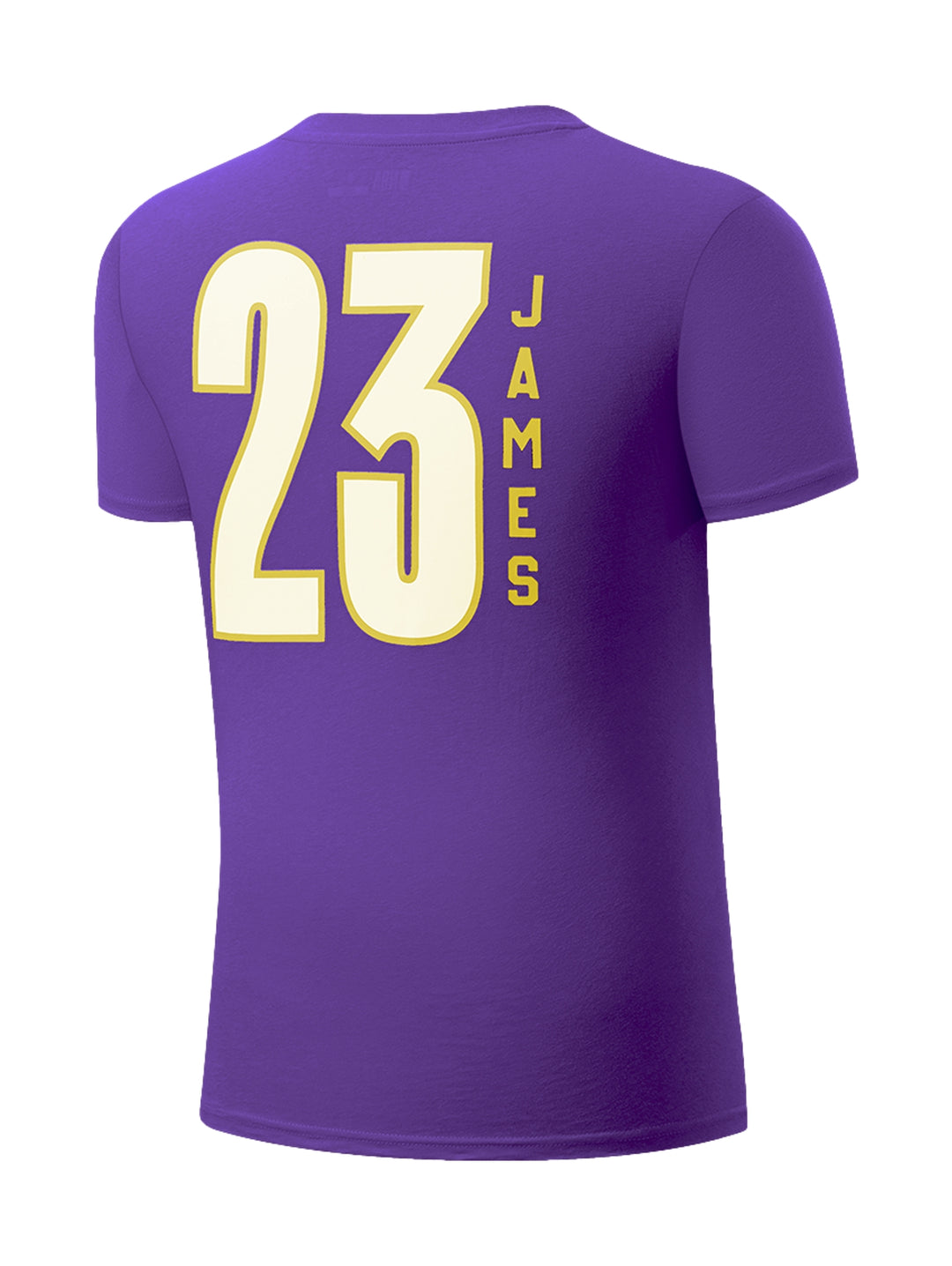 Camiseta deportiva púrpura de manga corta con el nombre Lakers y el número 23 en color amarillo.