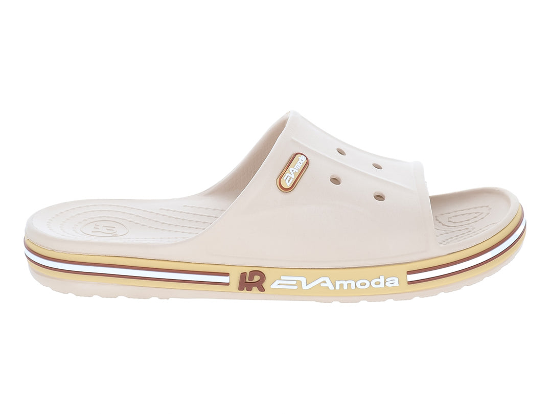 Sandalia deslizable EVA MODA color beige con detalles en blanco y marrón en la suela.