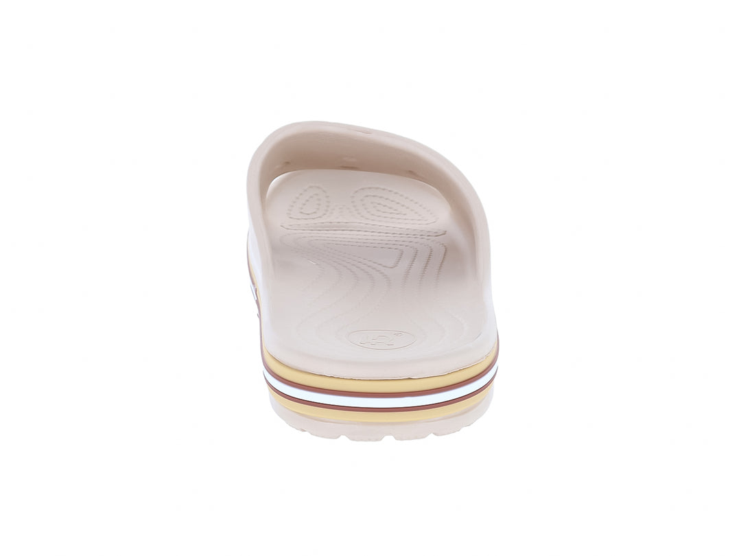 Sandalia deslizable EVA MODA color beige con detalles en blanco y marrón en la suela.
