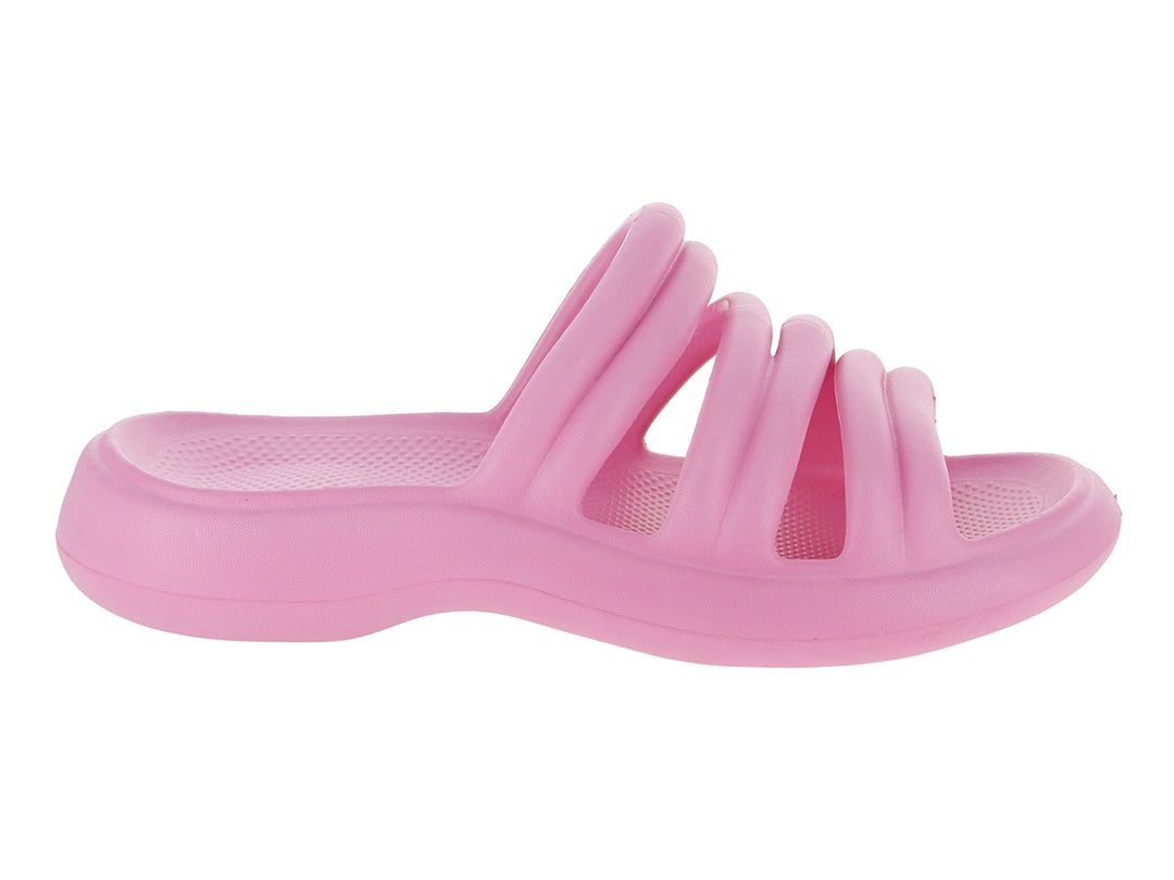 Sandalias de playa color rosa para mujer con diseño de tiras transversales.