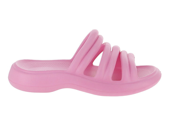 Sandalias de playa color rosa para mujer con diseño de tiras transversales.