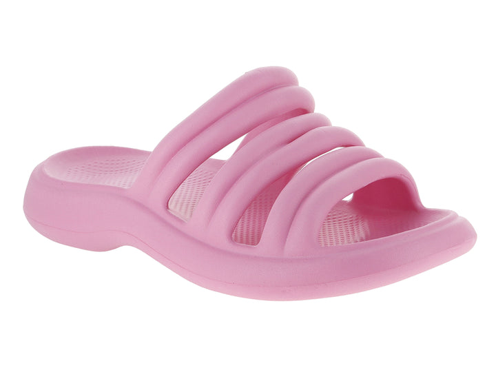Sandalias de playa color rosa para mujer con diseño de tiras transversales.