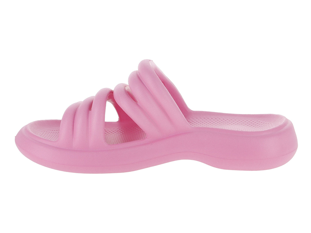 Sandalias de playa color rosa para mujer con diseño de tiras transversales.