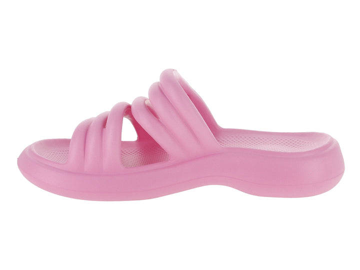 Sandalias de playa color rosa para mujer con diseño de tiras transversales.