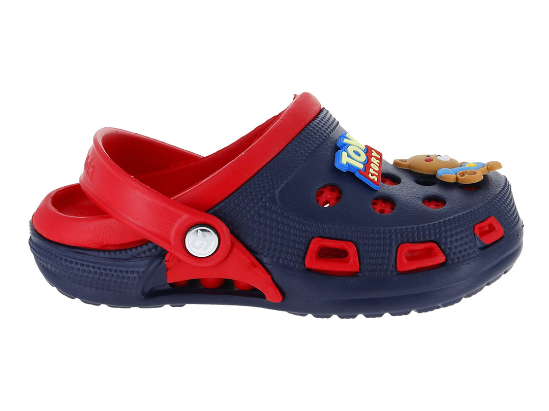 Zapatilla tipo clog para niño en colores marino y rojo con detalles de Toy Story.