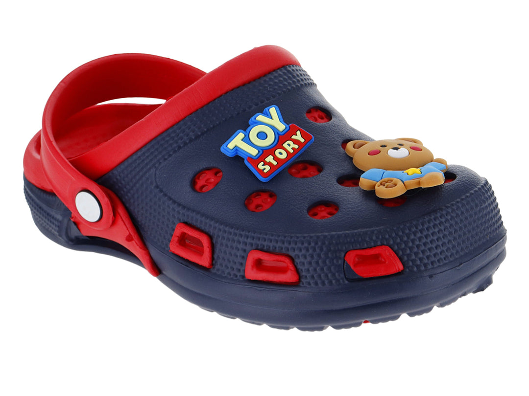 Zapatilla tipo clog para niño en colores marino y rojo con detalles de Toy Story.
