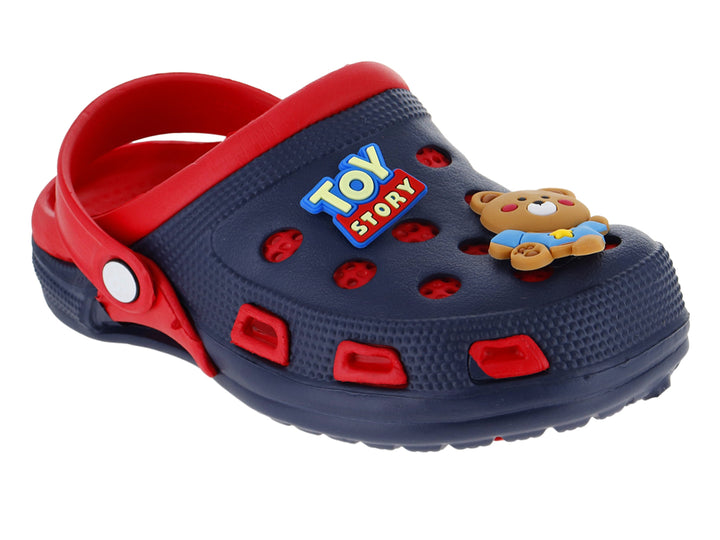 Zapatilla tipo clog para niño en colores marino y rojo con detalles de Toy Story.