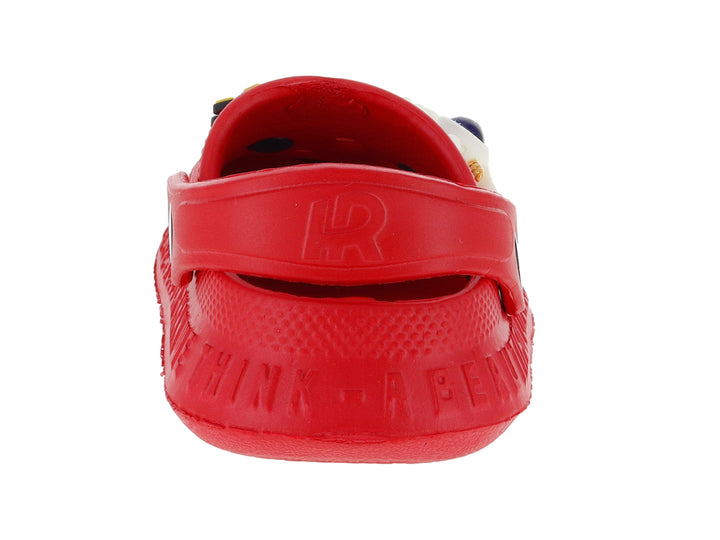 Sandalia tipo clog color rojo para niño con adornos decorativos en la parte superior.