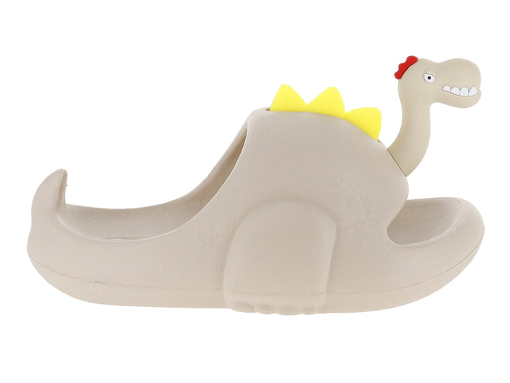Sandalia clog color beige para niño con diseño de dinosaurio y detalles en amarillo y rojo.