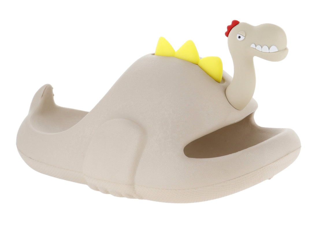 Sandalia clog color beige para niño con diseño de dinosaurio y detalles en amarillo y rojo.