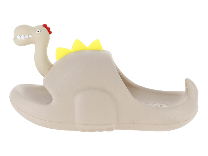 Sandalia clog color beige para niño con diseño de dinosaurio y detalles en amarillo y rojo.