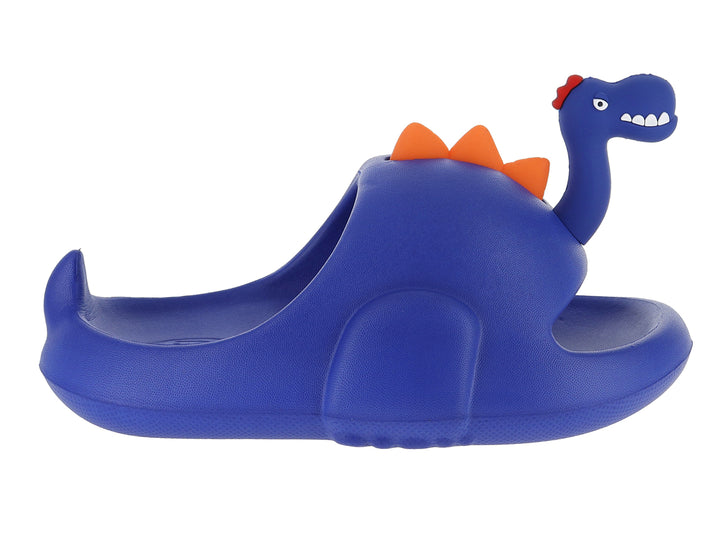Sandalia clog azul para niño con diseño de dinosaurio y detalles en color naranja.