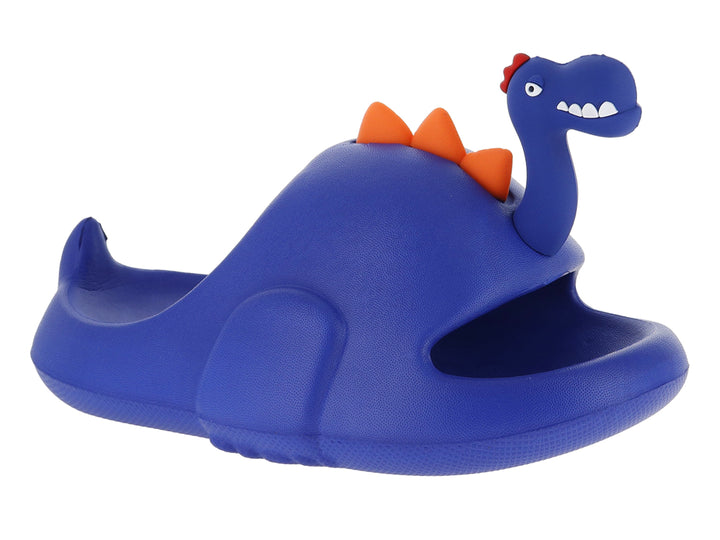 Sandalia clog azul para niño con diseño de dinosaurio y detalles en color naranja.