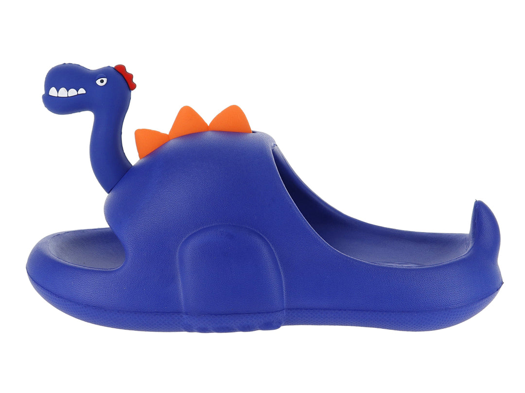 Sandalia clog azul para niño con diseño de dinosaurio y detalles en color naranja.