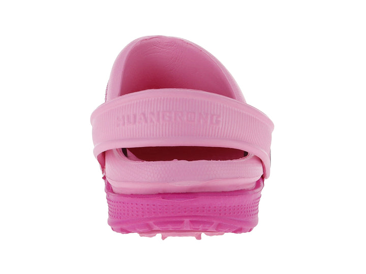 Zueco color fucsia para niña con adorno de mariposa y correa ajustable.