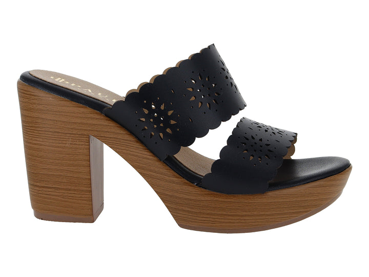 Sandalia negra de plataforma con tacón de madera y tiras con diseño calado para mujer.