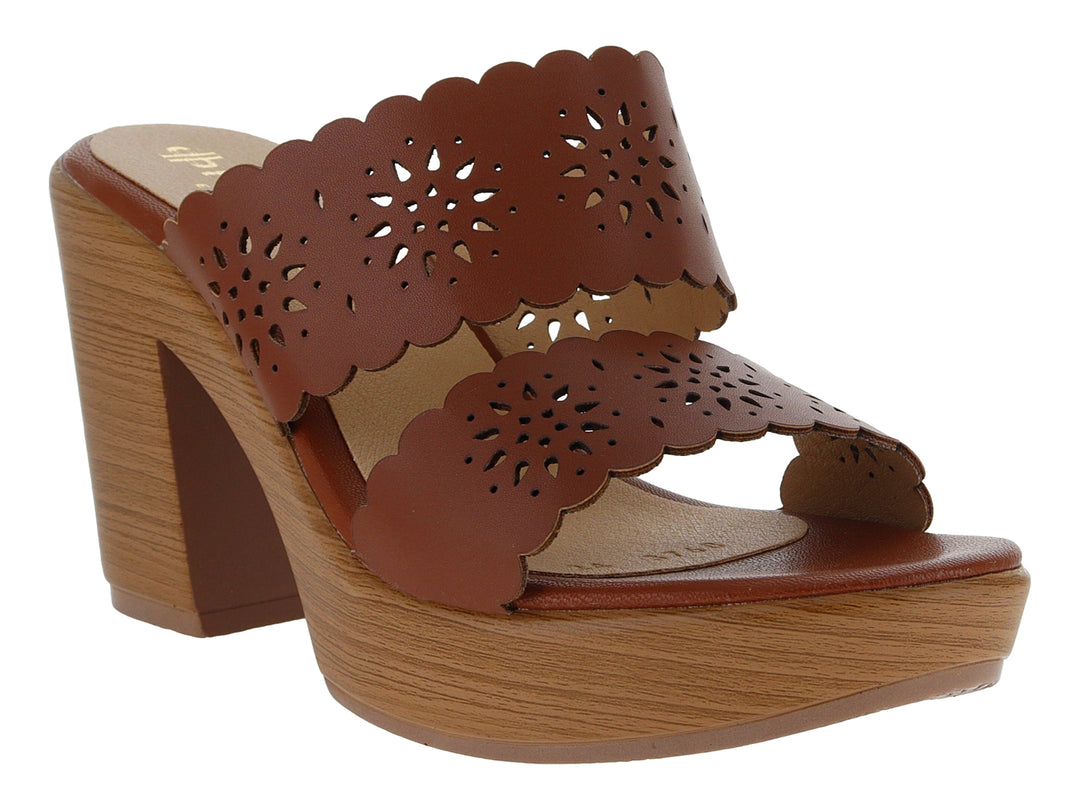 Sandalias color miel para mujer con plataforma de efecto madera y tiras con diseño calado