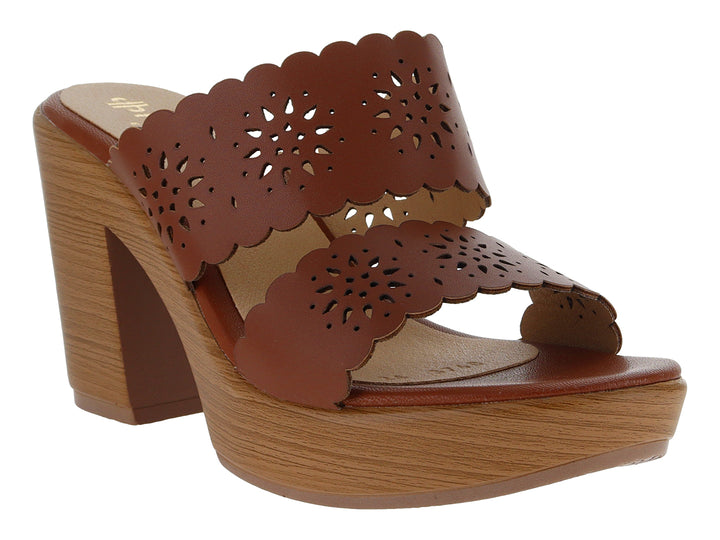 Sandalias color miel para mujer con plataforma de efecto madera y tiras con diseño calado