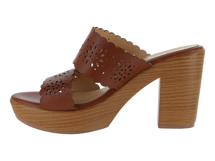 Sandalias color miel para mujer con plataforma de efecto madera y tiras con diseño calado