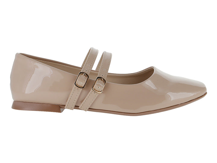 Ballerinas color nude con acabado brillante y dos correas con hebillas doradas para mujer.