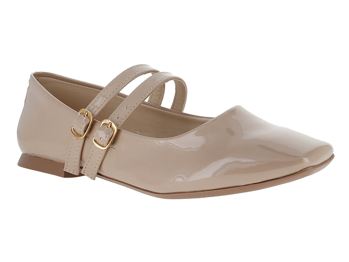 Ballerinas color nude con acabado brillante y dos correas con hebillas doradas para mujer.