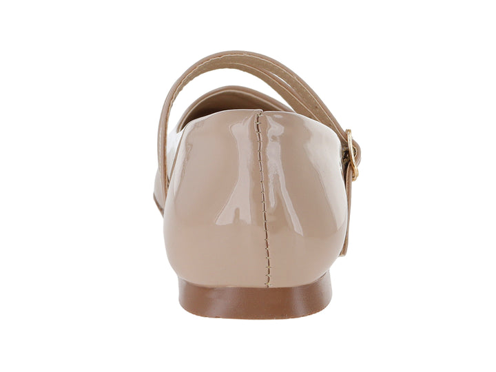 Ballerinas color nude con acabado brillante y dos correas con hebillas doradas para mujer.