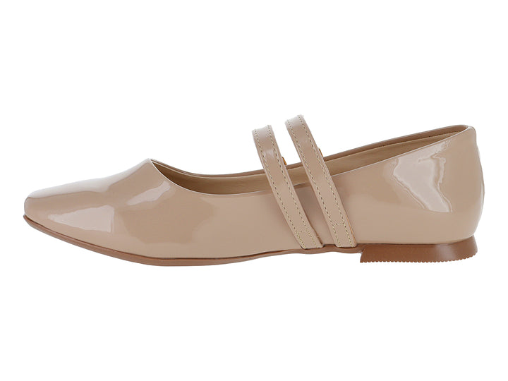Ballerinas color nude con acabado brillante y dos correas con hebillas doradas para mujer.