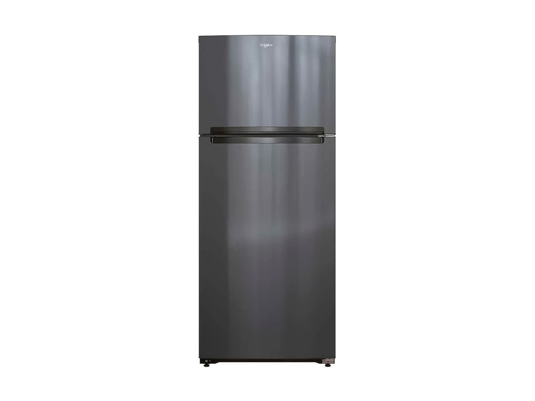 Refrigerador Whirlpool de color negro con acabado metálico y diseño moderno.