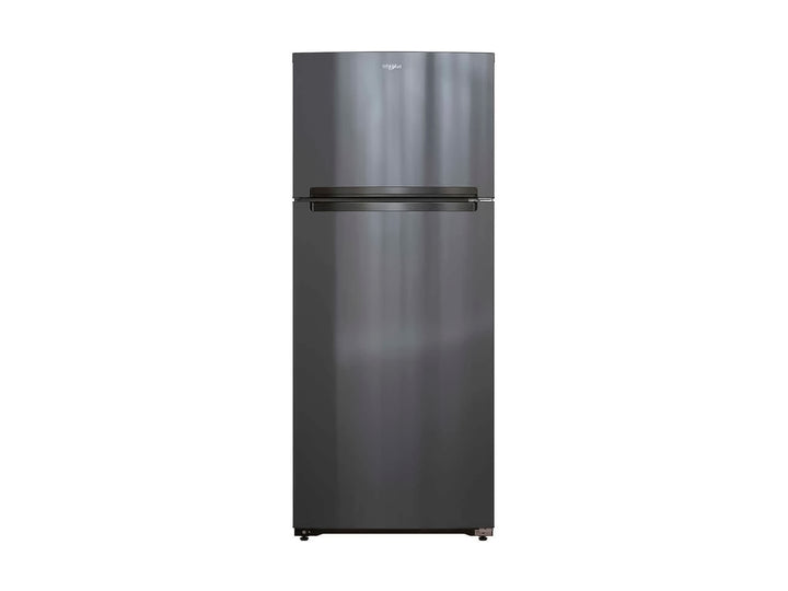 Refrigerador Whirlpool de color negro con acabado metálico y diseño moderno.