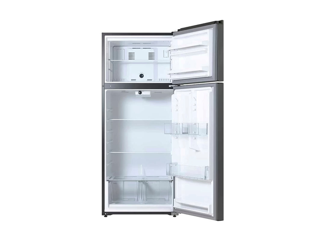 Refrigerador Whirlpool de color negro con acabado metálico y diseño moderno.