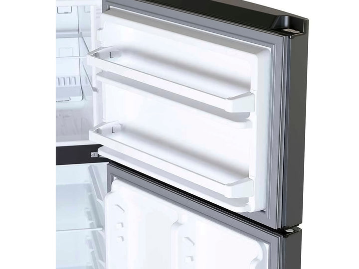 Refrigerador Whirlpool de color negro con acabado metálico y diseño moderno.