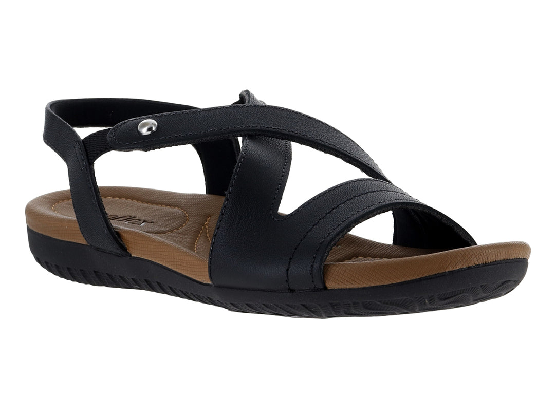 Sandalias de confort Usaflex color negro con plantillas marrón y correas ajustables.
