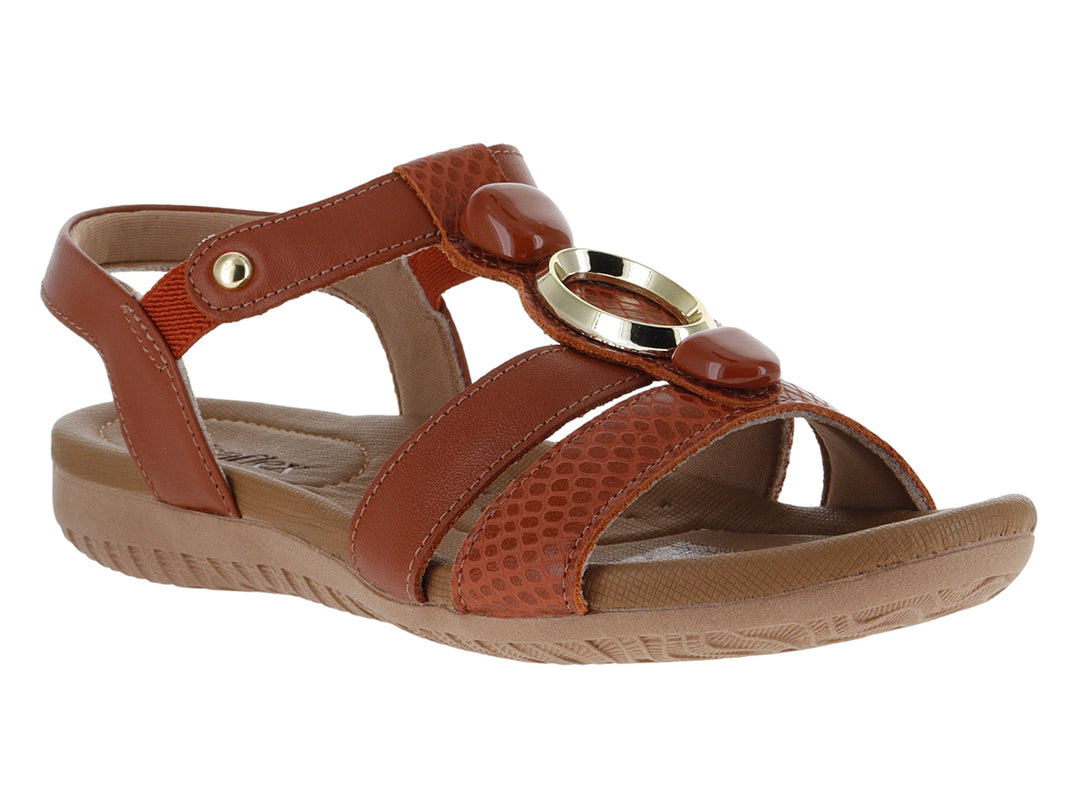 Sandalia de confort USAFLEX color terracota para mujer con tiras y hebilla dorada.