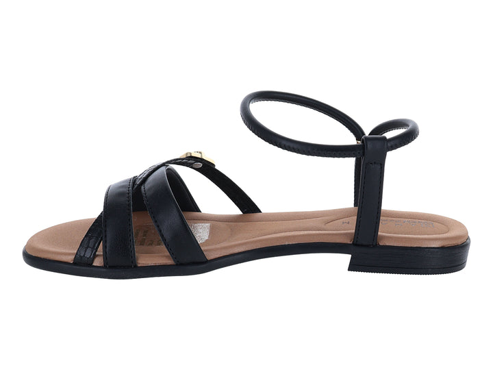 Sandalias negras para mujer con correas y detalles dorados, suela plana color beige.