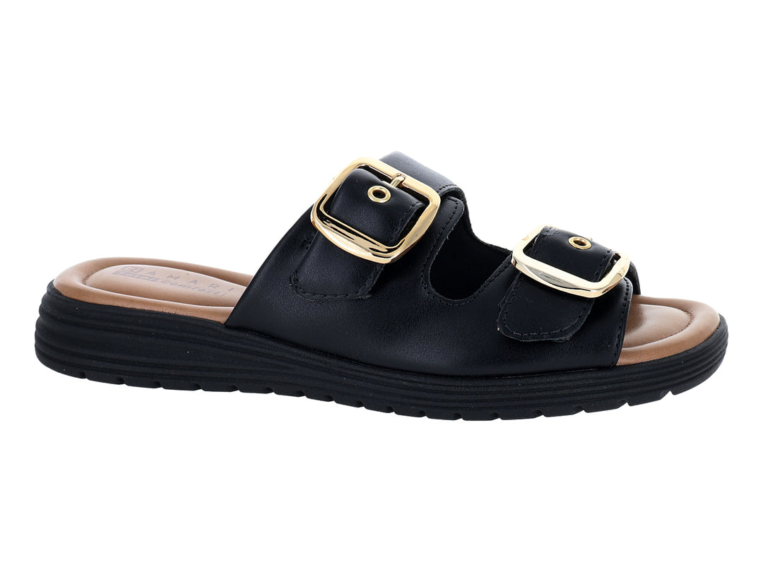 Sandalias negras para mujer con dos correas, hebillas doradas y plantilla color marrón.